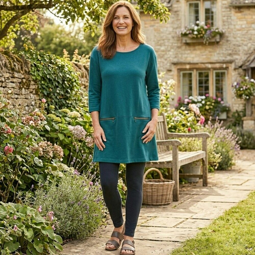 Soft Surroundings Moda Tunic Dress Top Teal Green Knit Zipper Pockets Size S